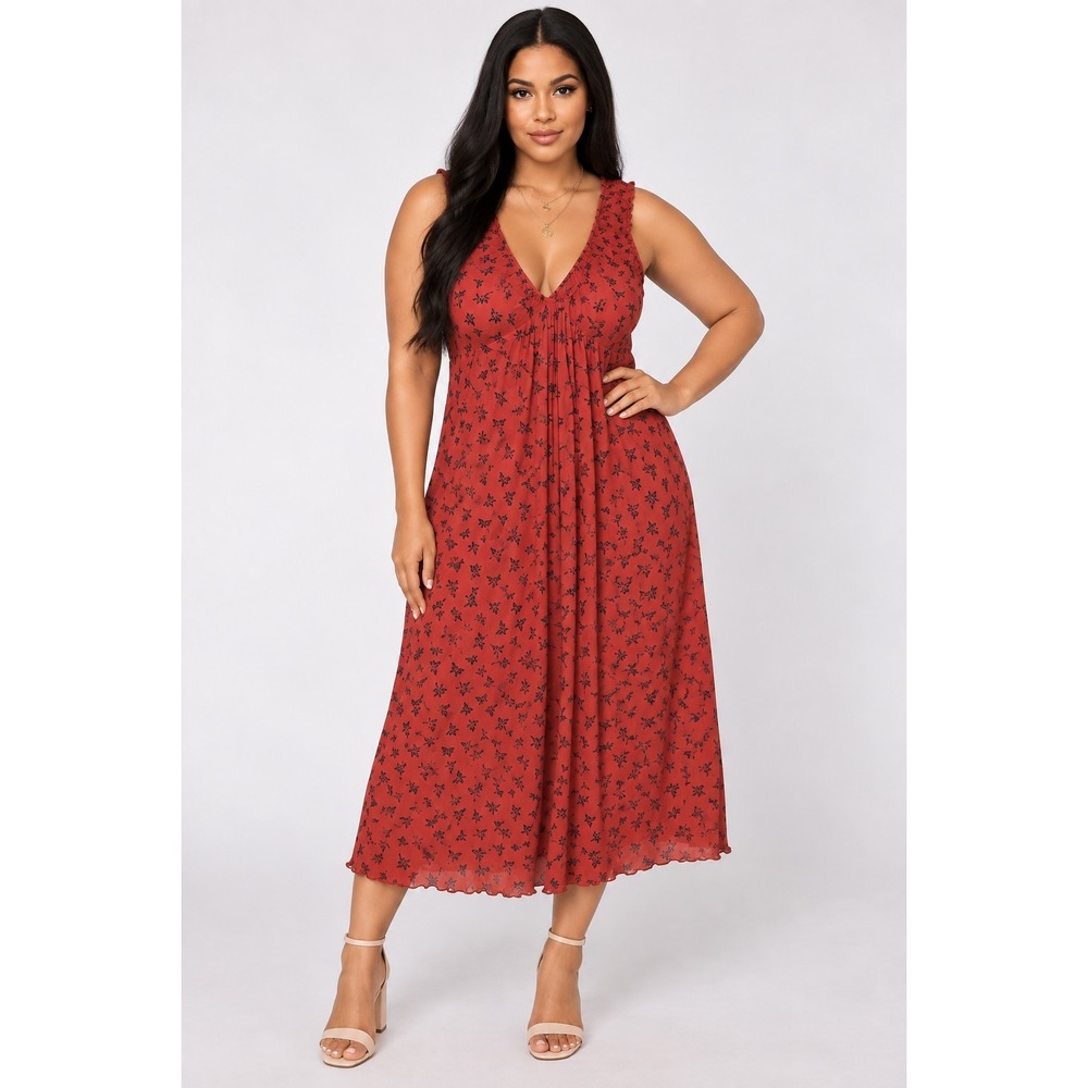 Forever 21+ Women's 2X Rust Floral Surplice Midi Dress Sleeveless